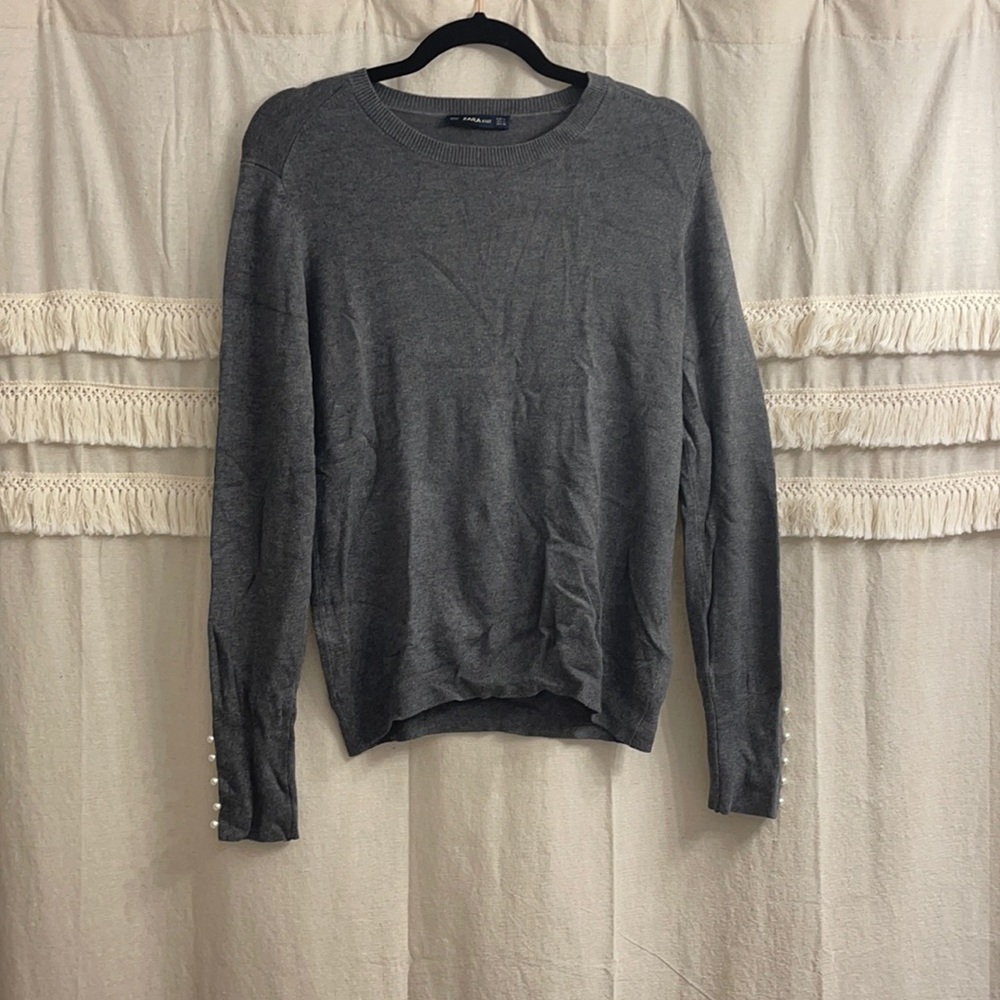 Zara grey crew neck sweater with pearls on cuffs